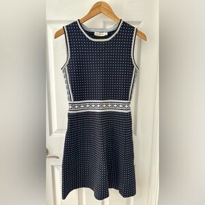 Tory Burch Navy and White Patterned Mini Sweater Dress